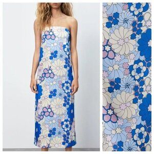 Zara Strapless Floral Midi Dress Blue